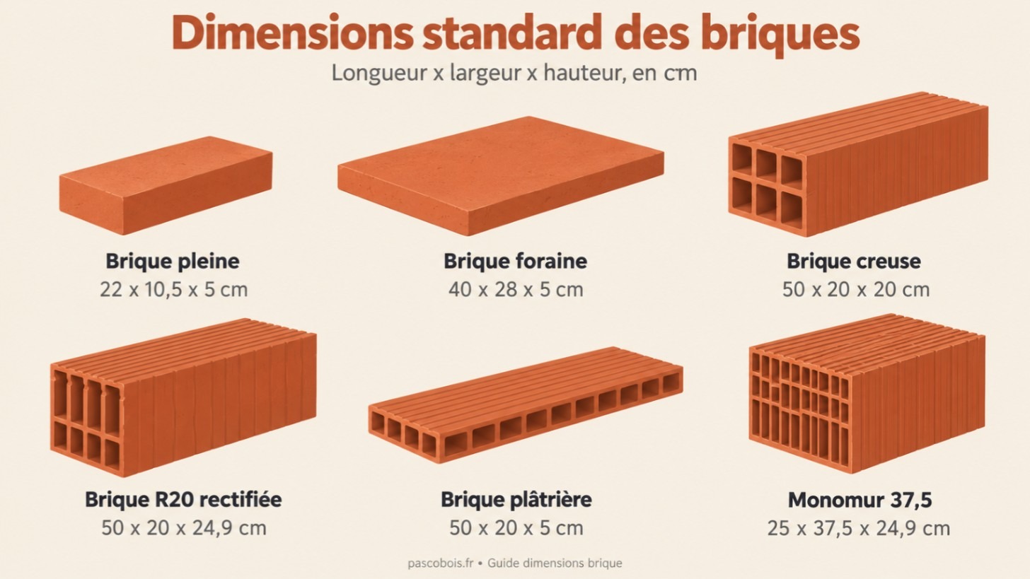 Infographie des dimensions standard des briques : pleine, foraine, creuse, R20, plâtrière, monomur